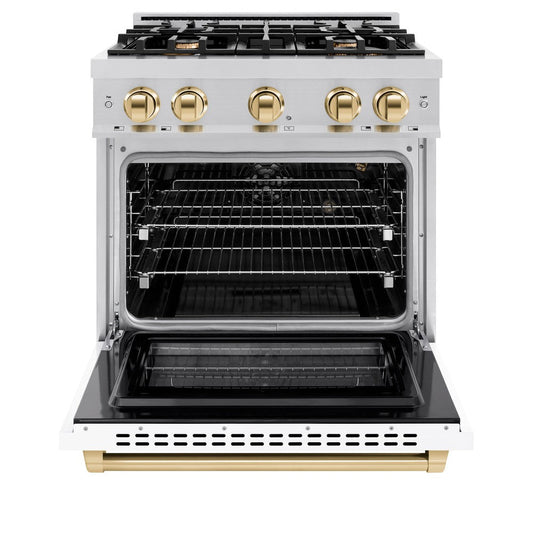 ZLINE 30 in. Select Gas Range 4.2 cu. ft. 4 Burner Cooktop Stainless Steel White Matte Door Polished Gold Accents (HGRZ-WM-30-G)