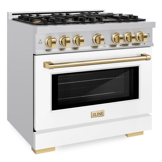 ZLINE Autograph Edition 36 in. Select Gas Range with 6 Burners, 5.2 cu. ft. Oven, Stainless Steel with White Matte Door and Polished Gold Accents (HGRZ-WM-36-G)