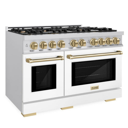 ZLINE 48 in. Gas Range Double Oven 6.7 cu. ft. 8 Burners Stainless Steel White Matte Doors Champagne Bronze Accents (HGRZ-WM-48-CB)