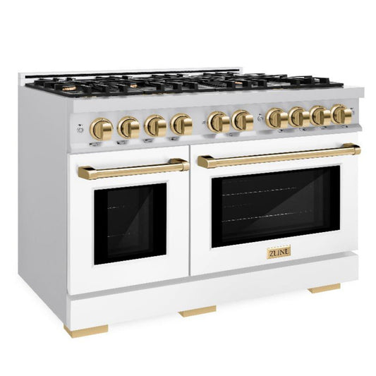 ZLINE 48 in. Double Oven Gas Range 6.7 cu. ft. 8 Burners Stainless Steel White Matte Doors Polished Gold Accents (HGRZ-WM-48-G)