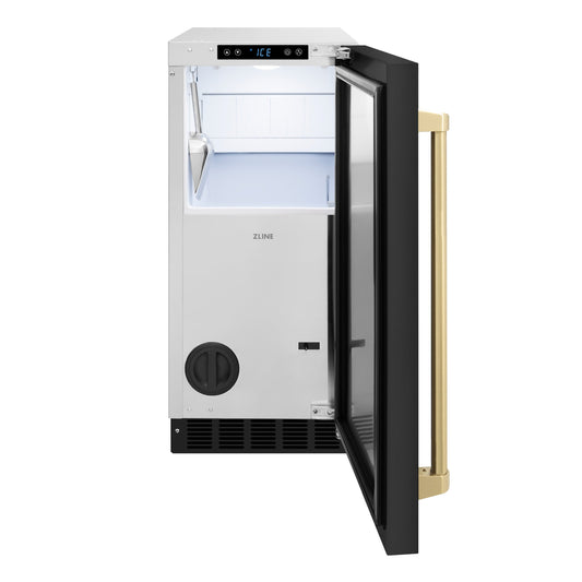 ZLINE Autograph 15" Touchstone Gourmet Ice Maker with Drain Pump and Black Stainless Steel Door with Champagne Bronze Handle, IGMDZ-BS-15-CB