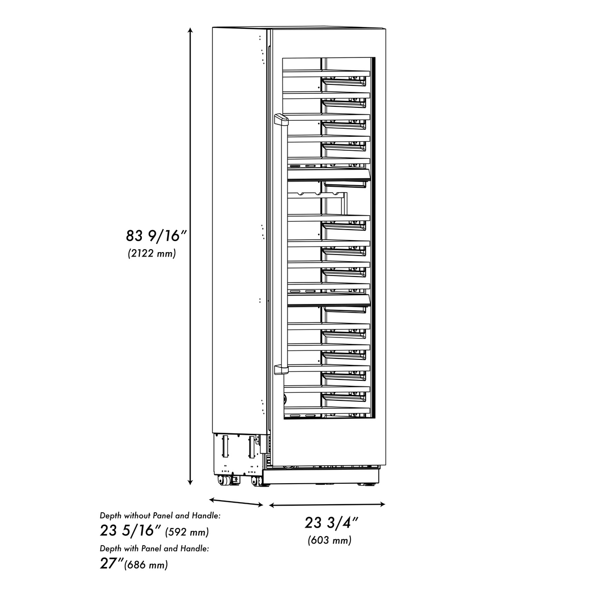 ZLINE 24" 12.4 cu. ft. Triple Zone 100 Bottle Column Wine Cooler in Satin Stainless Steel, RCWV-SN-24