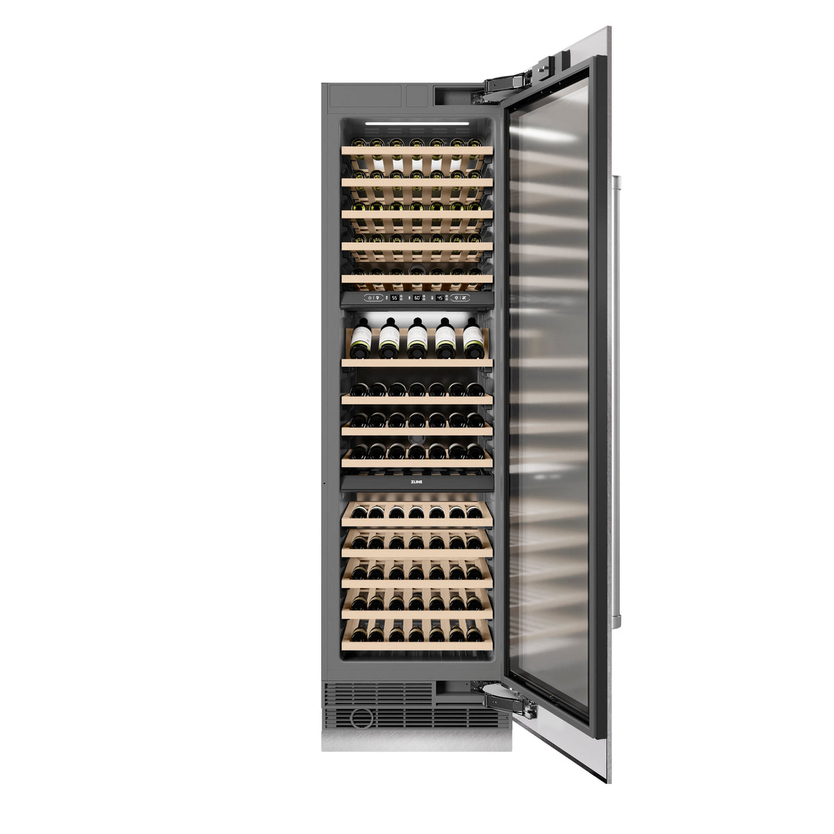 ZLINE 24" 12.4 cu. ft. Triple Zone 100 Bottle Column Wine Cooler in Satin Stainless Steel, RCWV-SN-24
