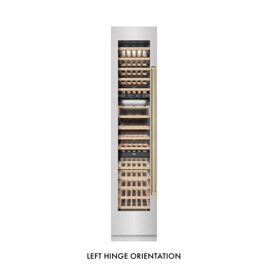 ZLINE Autograph 18" 9.0 cu. ft. Triple Zone 68 Bottle Left Hinge Column Wine Cooler in Satin Stainless Steel with Champagne Bronze Accents, RCWVLZ-SN-18-CB