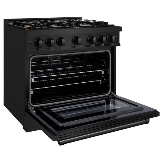ZLINE 36 in. Gas Range 5.2 cu. ft. Capacity Black Stainless Steel 6 Brass Burners Convection Oven (HGRB-BR-36)