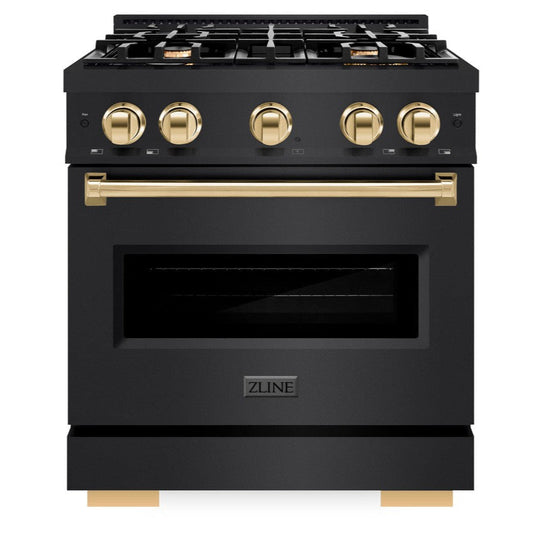 ZLINE 30 in. Dual Fuel Range 4.2 cu. ft. 4 Gas Burners Black Stainless Steel Polished Gold Accents (CDRBZ-30-G)