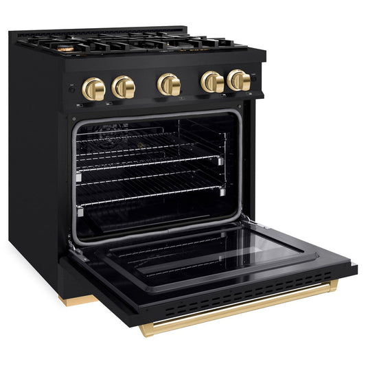 ZLINE 30 in. Dual Fuel Range 4.2 cu. ft. 4 Gas Burners Black Stainless Steel Polished Gold Accents (CDRBZ-30-G)