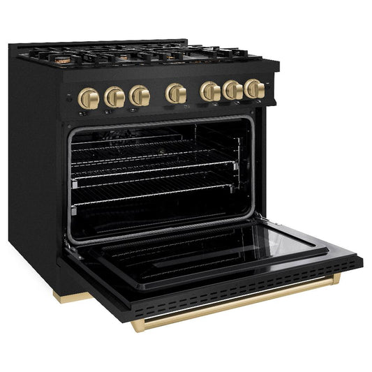 ZLINE Autograph Edition 36 in. Classic Dual Fuel Range, 5.2 cu. ft., 6 Burner Gas Cooktop with Electric Convection Oven, Black Stainless Steel with Champagne Bronze Accents (CDRBZ-36-CB)