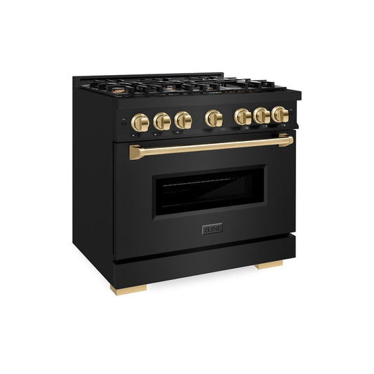 ZLINE 36 in. Dual Fuel Range 5.2 cu. ft. 6 Burner Gas Cooktop Electric Convection Oven Black Stainless Steel with Polished Gold Accents (CDRBZ-36-G)