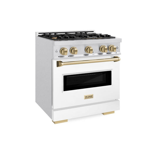 ZLINE Autograph Edition 30 in. Classic Dual Fuel Range, 4.2 cu. ft., 4 Burner Gas Cooktop with Electric Convection Oven, Satin Stainless Steel with White Matte Door and Champagne Bronze Accents (CDRSZ-WM-30-CB)