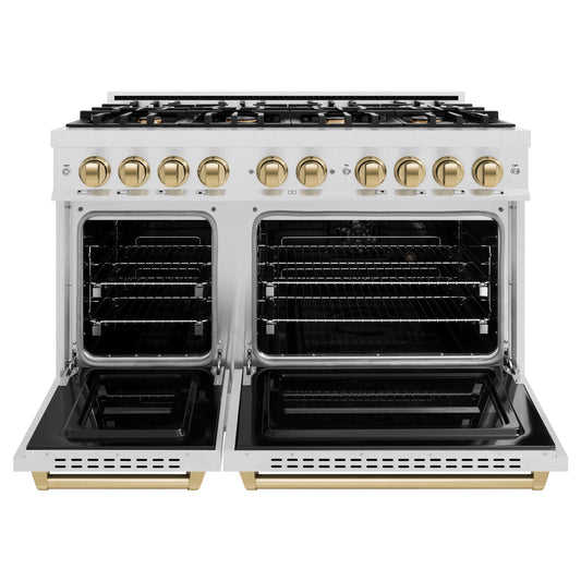 ZLINE 48 in. Dual Fuel Range Double Oven 6.7 cu. ft. Capacity 8 Brass Burners Satin Stainless Steel Champagne Bronze Accents (CDRSZ-48-CB)