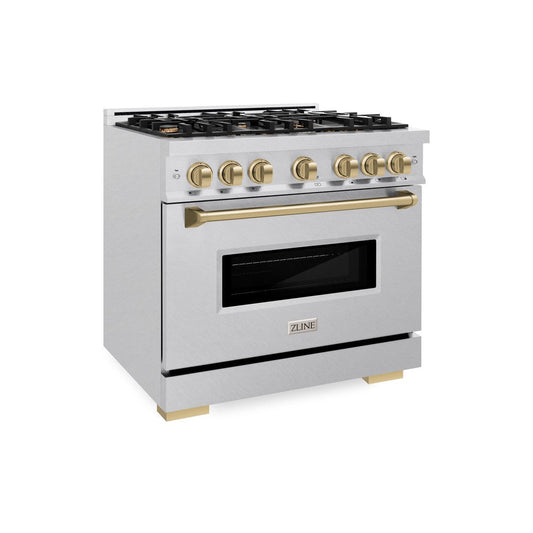 ZLINE 36 in. Dual Fuel Range 5.2 cu. ft. 6 Burner Gas Cooktop Electric Convection Oven Satin Stainless Steel Champagne Bronze Accents (CDRSZ-36-CB)