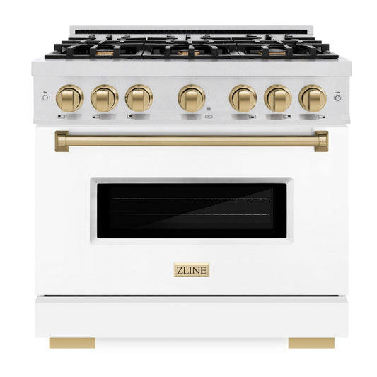 ZLINE 36 in. Dual Fuel Range 5.2 cu. ft. – 6 Burner Gas Cooktop, Electric Convection Oven, Satin Stainless Steel, White Matte Door, Polished Gold Accents (CDRSZ-WM-36-G)