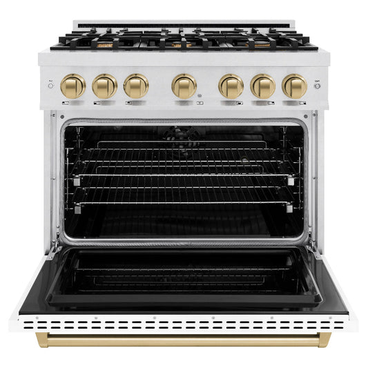ZLINE 36 in. Dual Fuel Range 5.2 cu. ft. – 6 Burner Gas Cooktop, Electric Convection Oven, Satin Stainless Steel, White Matte Door, Polished Gold Accents (CDRSZ-WM-36-G)