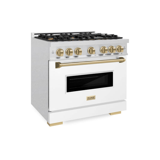 ZLINE 36 in. Dual Fuel Range 5.2 cu. ft. with 6 Burner Gas Cooktop, Electric Convection Oven, White Matte Door & Champagne Bronze Accents (CDRSZ-WM-36-CB)