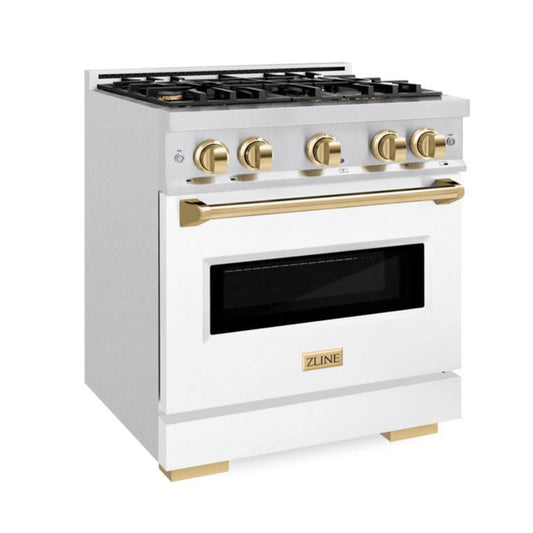 ZLINE 30 in. Dual Fuel Range 4.2 cu. ft. Gas Cooktop with 4 Burners and Electric Convection Oven, Satin Stainless Steel with White Matte Door and Polished Gold Accents (CDRSZ-WM-30-G)