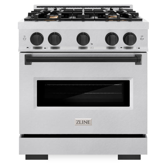 ZLINE 30 in. Dual Fuel Range 4.2 cu. ft. 4 Burner Gas Cooktop Electric Convection Oven Satin Stainless Steel Matte Black Accents (CDRSZ-30-MB)