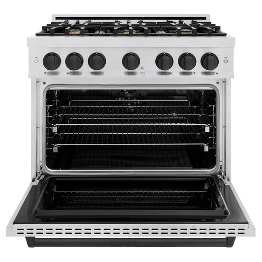 ZLINE 36 in. Dual Fuel Range 5.2 cu. ft. 6 Gas Burners Electric Convection Oven Satin Stainless Steel Matte Black Accents (CDRSZ-36-MB)