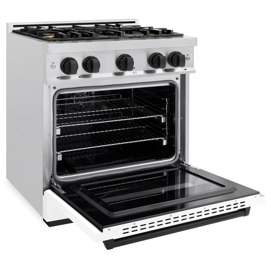 ZLINE Autograph Edition 30 in. Classic Dual Fuel Range 4.2 cu. ft. with 4 Burner Gas Cooktop and Electric Convection Oven in Satin Stainless Steel with White Matte Door and Matte Black Accents (CDRSZ-WM-30-MB)
