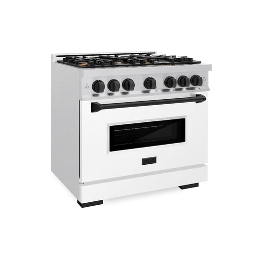ZLINE 36 in. Dual Fuel Range 5.2 cu. ft. 6 Burner Gas Cooktop Electric Convection Oven Satin Stainless Steel White Matte Door Matte Black Accents (CDRSZ-WM-36-MB)