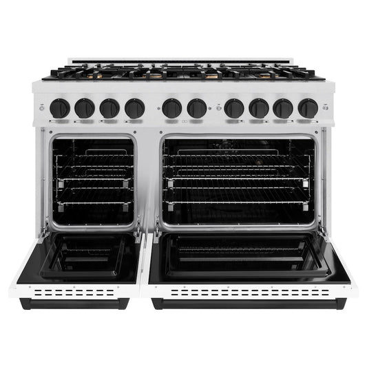 ZLINE 48 in. Dual Fuel Range Double Oven 6.7 cu. ft. with 8 Gas Burners, Satin Stainless Steel, White Matte Doors & Matte Black Accents (CDRSZ-WM-48-MB)