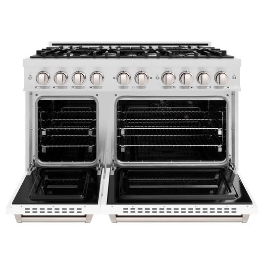 ZLINE 48 in. Dual Fuel Range – Double Oven, 8 Burner Gas Cooktop, 6.7 cu. ft., Satin Stainless Steel with White Matte Doors (CDRS-WM-48)