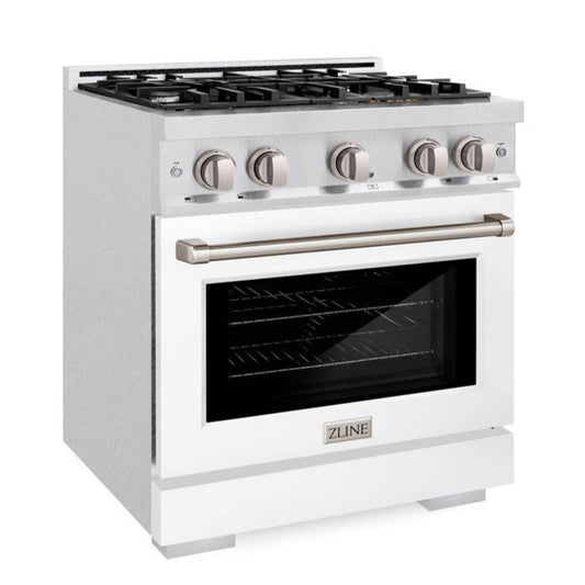 ZLINE 30 in. Select Dual Fuel Range, 4.2 cu. ft., 4 Burner Gas Cooktop with Electric Convection Oven, Satin Stainless Steel with White Matte Door, MODEL HDRS-WM-30