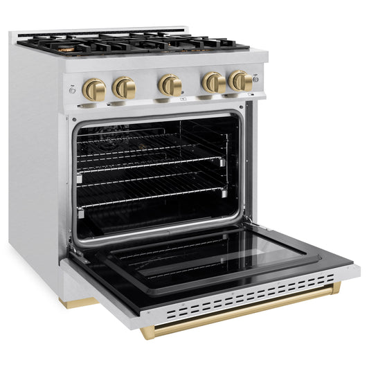 ZLINE 30 in. Gas Range 4.2 cu. ft. 4 Burner Cooktop Convection Gas Oven Satin Stainless Steel with Champagne Bronze Accents (CGRSZ-30-CB)