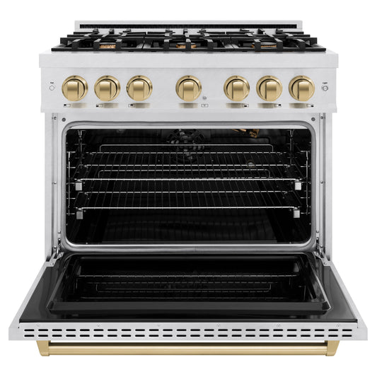 ZLINE 36 in. Gas Range 5.2 cu. ft. 6 Burner Cooktop Convection Gas Oven Satin Stainless Steel Champagne Bronze Accents (CGRSZ-36-CB)