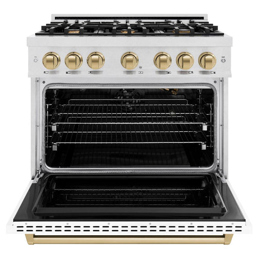ZLINE 36 in. Classic Gas Range 5.2 cu. ft. – 6 Burner Cooktop, Convection Gas Oven, Satin Stainless Steel, White Matte Door, Champagne Bronze Accents (CGRSZ-WM-36-CB)