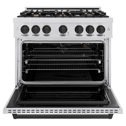 ZLINE 36 in. Gas Range 5.2 cu. ft. 6 Burner Cooktop Convection Gas Oven Satin Stainless Steel Matte Black Accents (CGRSZ-36-MB)