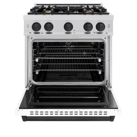 ZLINE 30 in. Gas Range 4.2 cu. ft. Convection Gas Oven 4 Burner Cooktop Satin Stainless Steel White Matte Door Matte Black Accents (CGRSZ-WM-30-MB)