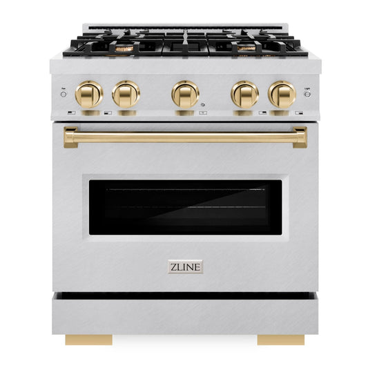 ZLINE 30 in. Gas Range 4.2 cu. ft. 4 Burners Convection Oven Satin Stainless Steel with Polished Gold Accents (CGRSZ-30-G)