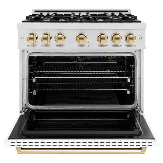 ZLINE 36 in. Gas Range – 6 Burner Cooktop, Convection Gas Oven, White Matte Door, Polished Gold Accents, Satin Stainless Steel – 5.2 cu. ft. (CGRSZ-WM-36-G)