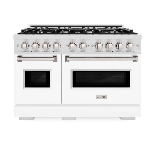 ZLINE 48 in. Gas Range Double Oven 6.7 cu. ft. 8 Burners Satin Stainless Steel with White Matte Doors (CGRS-WM-48)