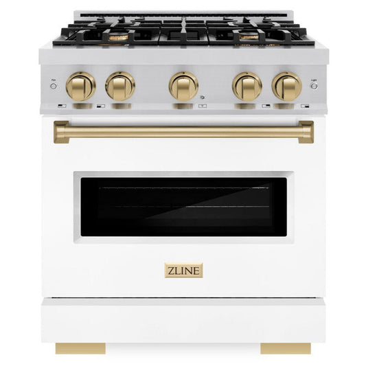 ZLINE Autograph Edition 30 in. 4.2 cu. ft. Classic Dual Fuel Range, 4 Burner Gas Cooktop, Electric Convection Oven, Stainless Steel with White Matte Door & Champagne Bronze Accents (CDRZ-WM-30-CB)