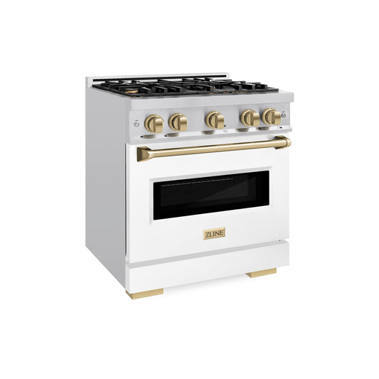ZLINE Autograph Edition 30 in. 4.2 cu. ft. Classic Dual Fuel Range, 4 Burner Gas Cooktop, Electric Convection Oven, Stainless Steel with White Matte Door & Champagne Bronze Accents (CDRZ-WM-30-CB)