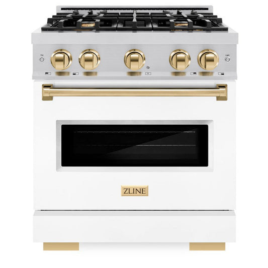 ZLINE Autograph Edition 30 in. Dual Fuel Range with 4 Gas Burners and Electric Convection Oven, 4.2 cu. ft., Stainless Steel with White Matte Door and Polished Gold Accents (CDRZ-WM-30-G)