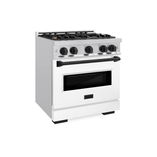 ZLINE Autograph Edition 30 in. Classic Dual Fuel Range, 4 Burners, 4.2 cu. ft. Oven, Stainless Steel with White Matte Door and Matte Black Accents (CDRZ-WM-30-MB)
