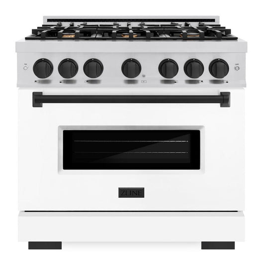ZLINE Autograph Edition 36 in. 5.2 cu. ft. Classic Dual Fuel Range with 6 Burner Gas Cooktop and Electric Convection Oven in Stainless Steel with White Matte Door and Matte Black Accents (CDRZ-WM-36-MB)