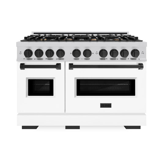 ZLINE Autograph Edition 48 in. Classic Dual Fuel Range, Double Oven, 8 Gas Burners, 6.7 cu. ft., Stainless Steel with White Matte Doors and Matte Black Accents (CDRZ-WM-48-MB)
