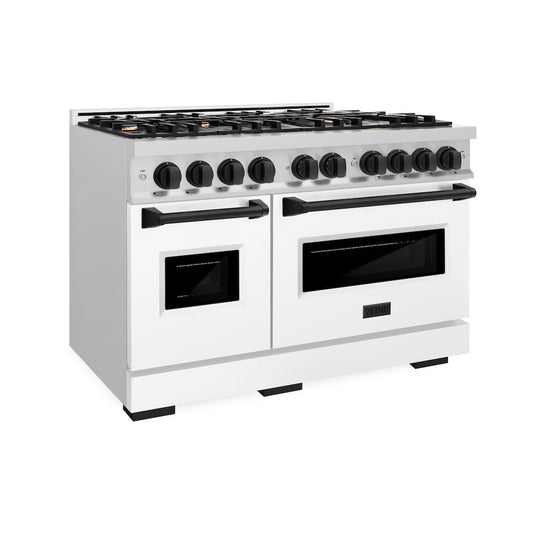 ZLINE Autograph Edition 48 in. Classic Dual Fuel Range, Double Oven, 8 Gas Burners, 6.7 cu. ft., Stainless Steel with White Matte Doors and Matte Black Accents (CDRZ-WM-48-MB)