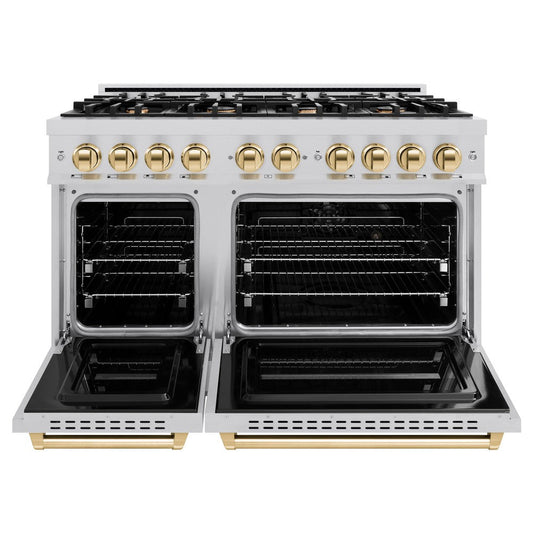ZLINE 48 in. Dual Fuel Range 6.7 cu. ft. Double Oven 8 Burner Cooktop Stainless Steel with Polished Gold Accents (CDRZ-48-G)