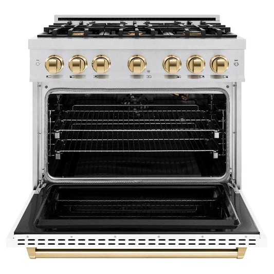 ZLINE 36 in. Gas Range 5.2 cu. ft. 6 Burners Stainless Steel White Matte Door Polished Gold Accents (CGRZ-WM-36-G)