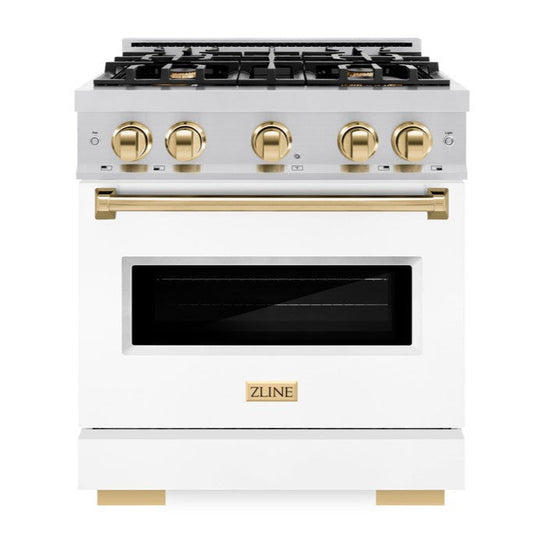 ZLINE 30 in. Classic Gas Range 4.2 cu. ft. 4 Burner Cooktop Convection Gas Oven Stainless Steel White Matte Door Polished Gold Accents (CGRZ-WM-30-G)