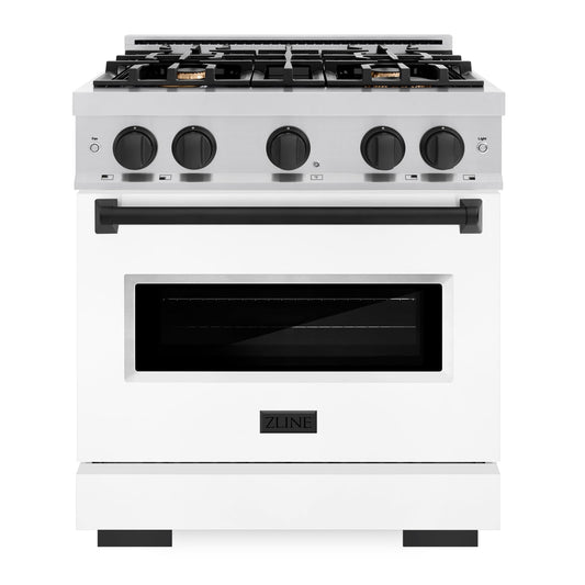ZLINE Autograph Edition 30 in. 4.2 cu. ft. Classic Gas Range with 4 Burners, Stainless Steel with White Matte Door and Matte Black Accents (CGRZ-WM-30-MB)