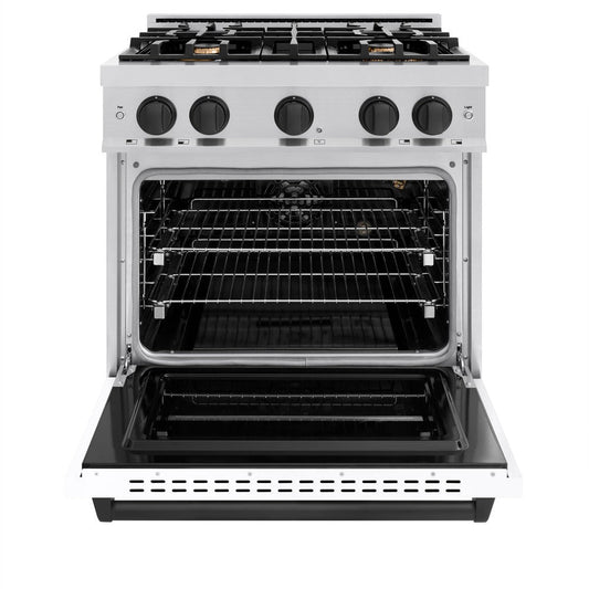 ZLINE Autograph Edition 30 in. 4.2 cu. ft. Classic Gas Range with 4 Burners, Stainless Steel with White Matte Door and Matte Black Accents (CGRZ-WM-30-MB)