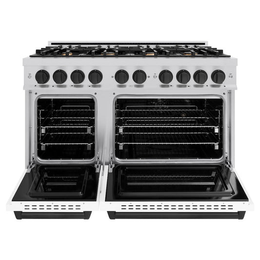 ZLINE Autograph Edition 48 in. 6.7 cu. ft. Classic Double Oven Gas Range with 8 Burners, Stainless Steel with White Matte Doors and Matte Black Accents (CGRZ-WM-48-MB)
