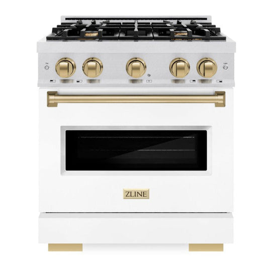 ZLINE Autograph Edition 30 in. 4.2 cu. ft. Gas Range with 4 Burners and Convection Gas Oven in Satin Stainless Steel with White Matte Door and Champagne Bronze Accents (CGRSZ-WM-30-CB)