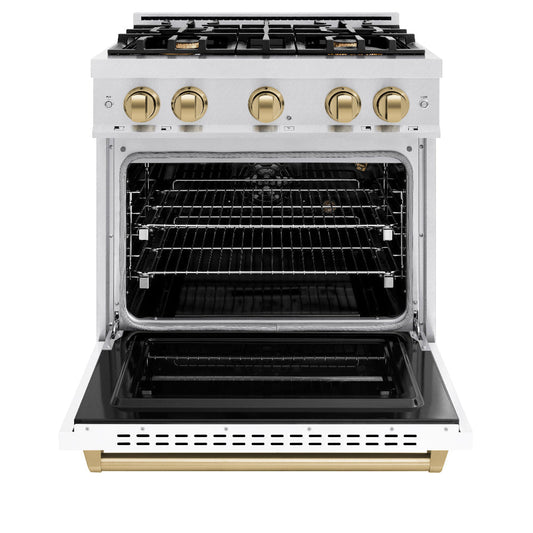 ZLINE Autograph Edition 30 in. 4.2 cu. ft. Gas Range with 4 Burners and Convection Gas Oven in Satin Stainless Steel with White Matte Door and Champagne Bronze Accents (CGRSZ-WM-30-CB)